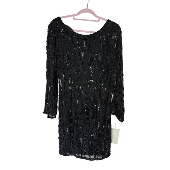 Vtg NWT Black Tie Oleg Cassini Black Beaded Long Sleeve Deep Back V Dress Size 8 - Picture 1 of 8